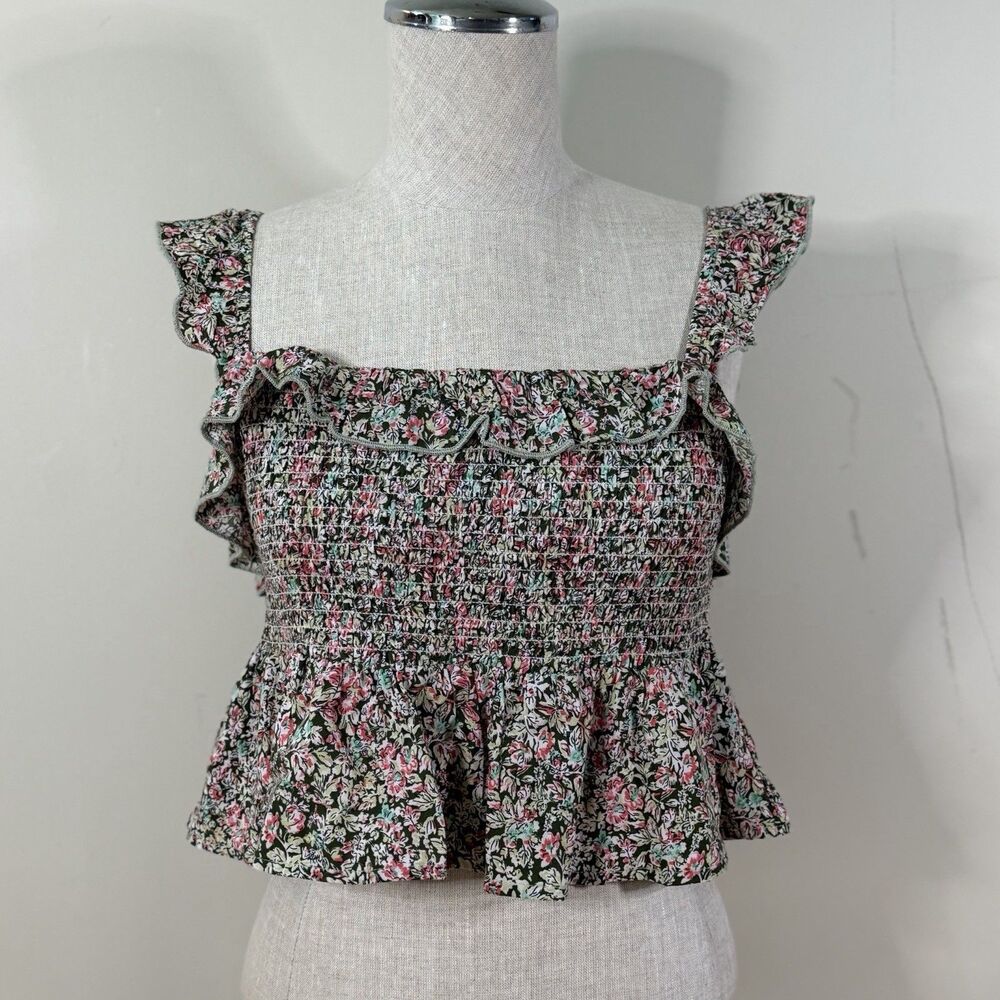 Natural Life The Megan Smocked Top Green Pink Leaf L Crop Cottage Coquette